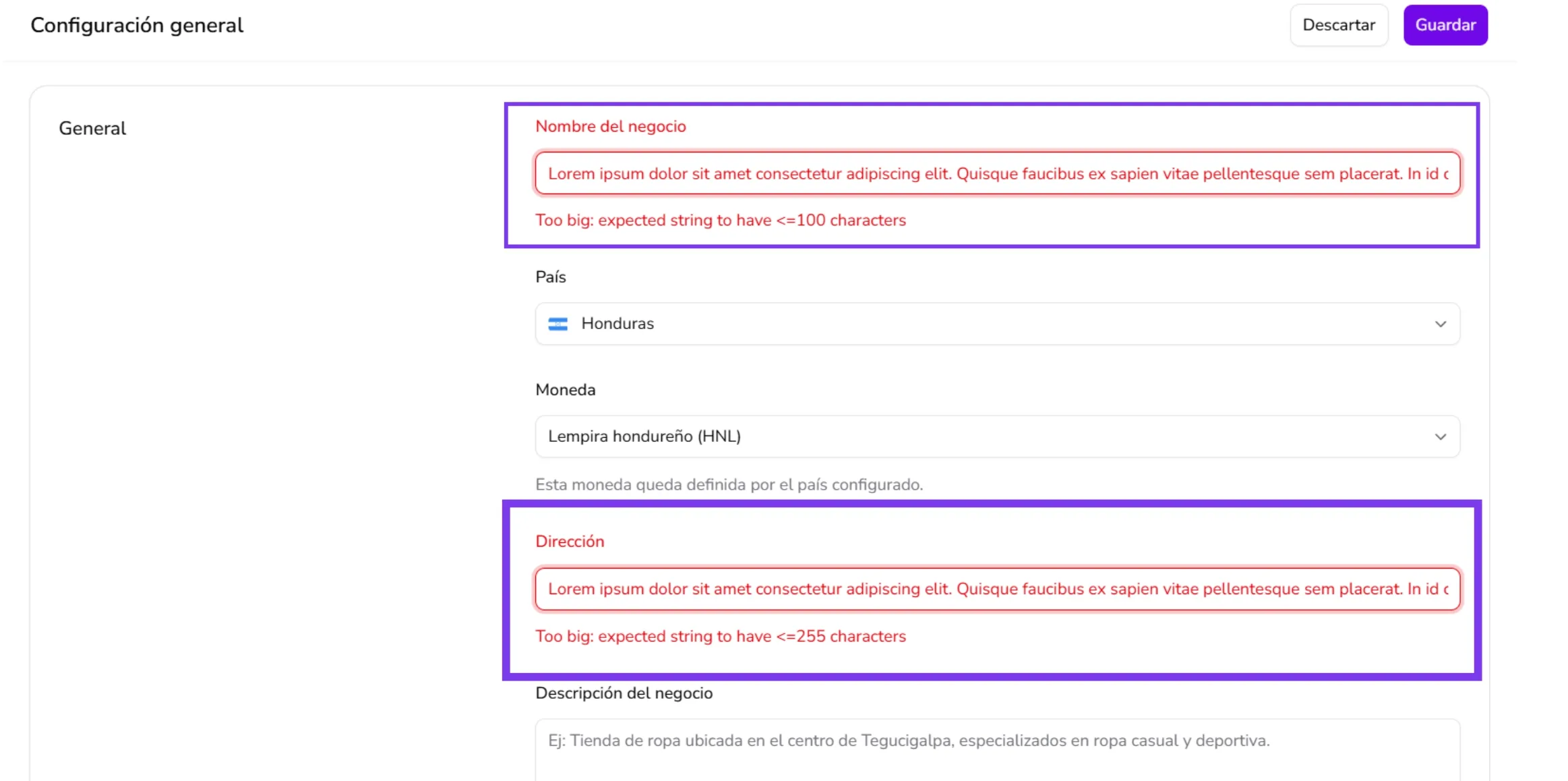 Mensajes de error de configuración general