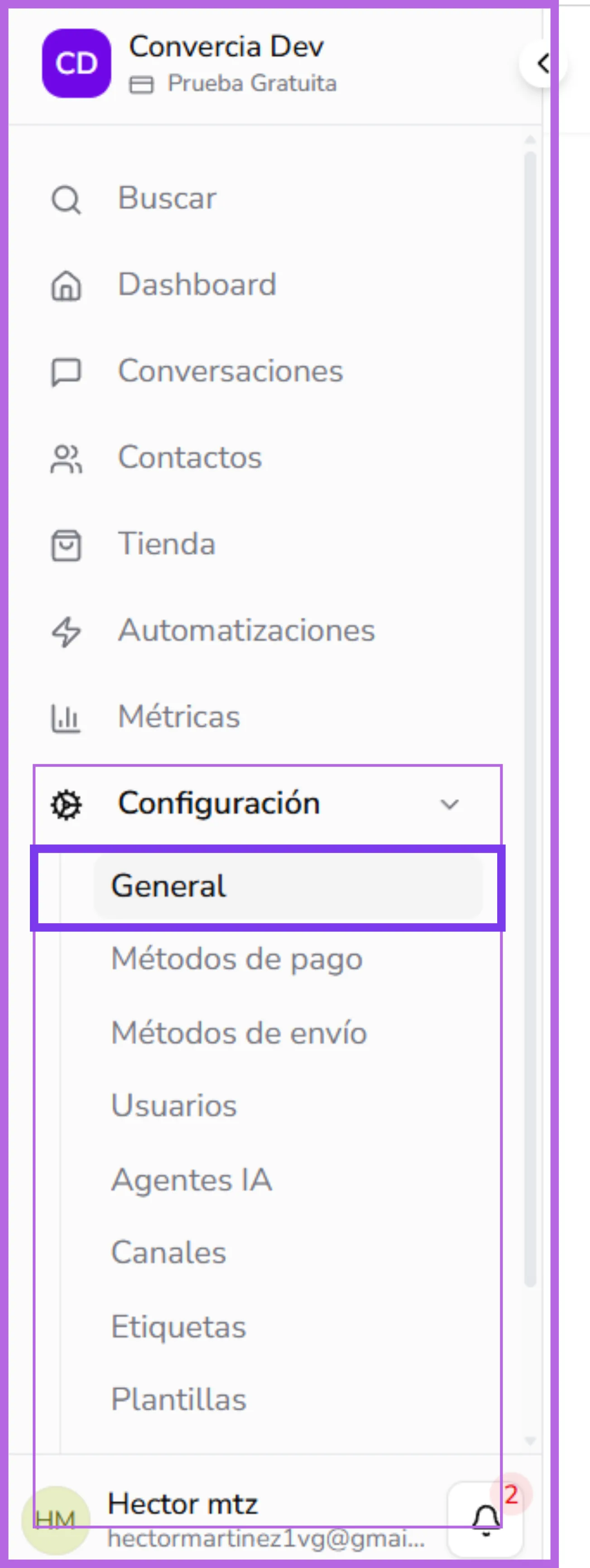 Ubicación de la configuración general